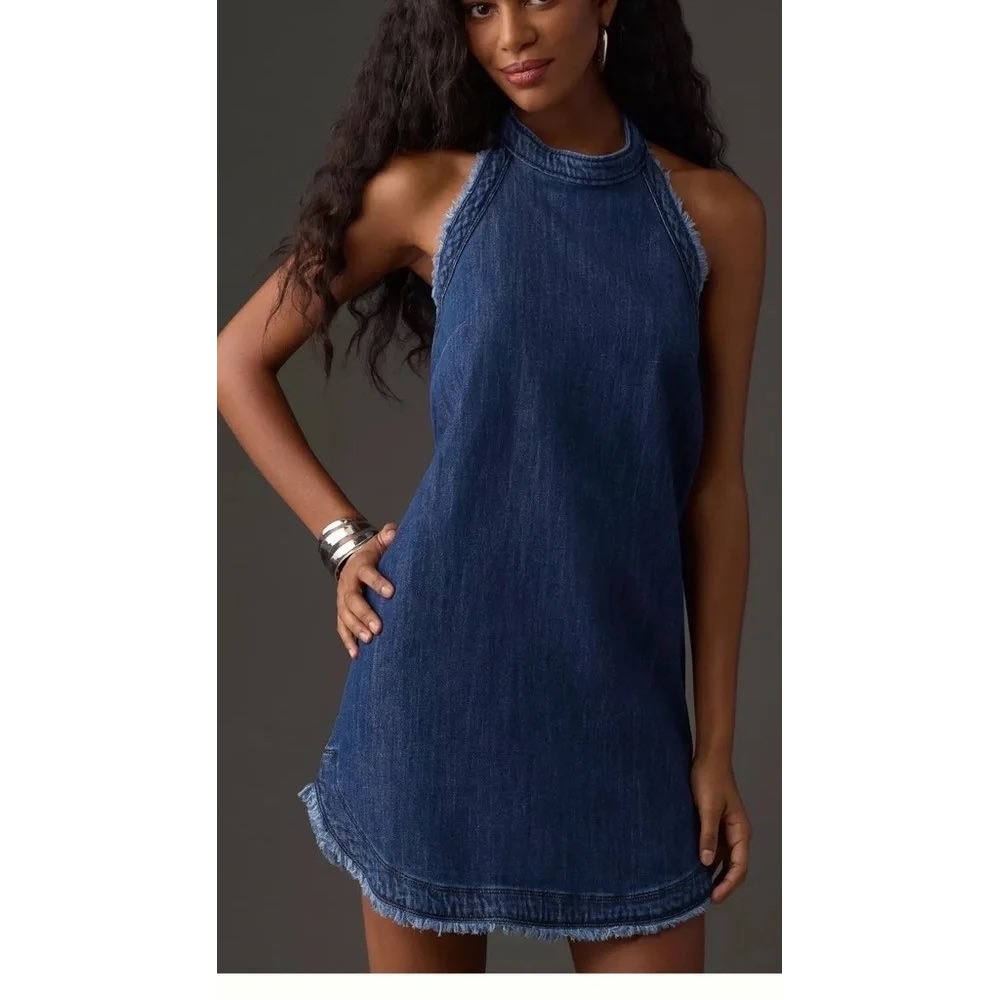 Anthropologie Pilcro Denim Halter Mini Dress Blue Medium New With Tags